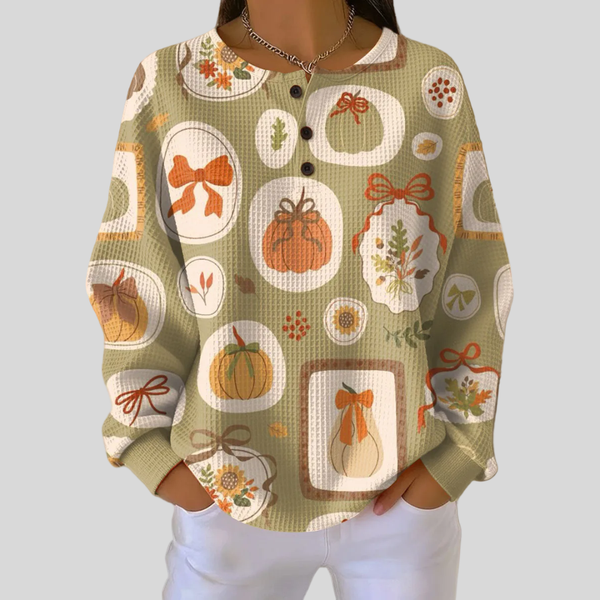 Della | Pumpkin Print Button-Neck Sweatshirt