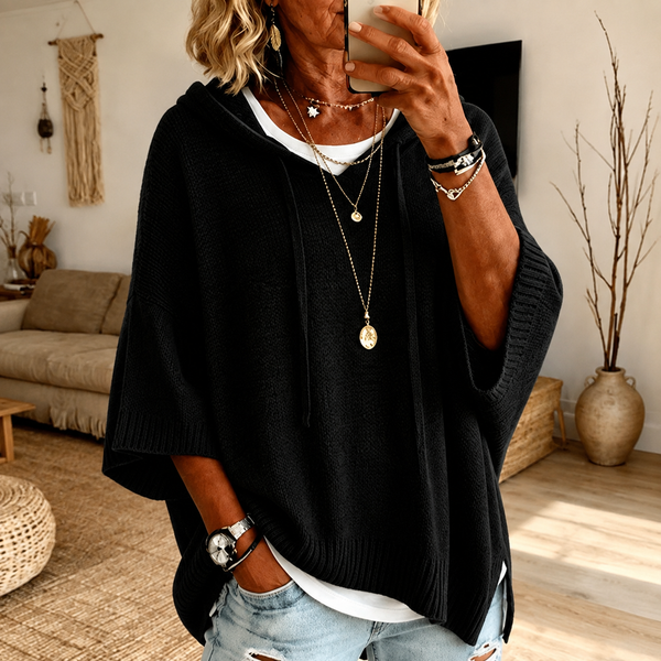 Selma | Black Hooded Poncho Sweater