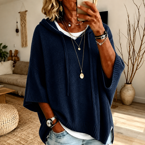 Rosetta | Navy Blue Hooded Poncho Sweater