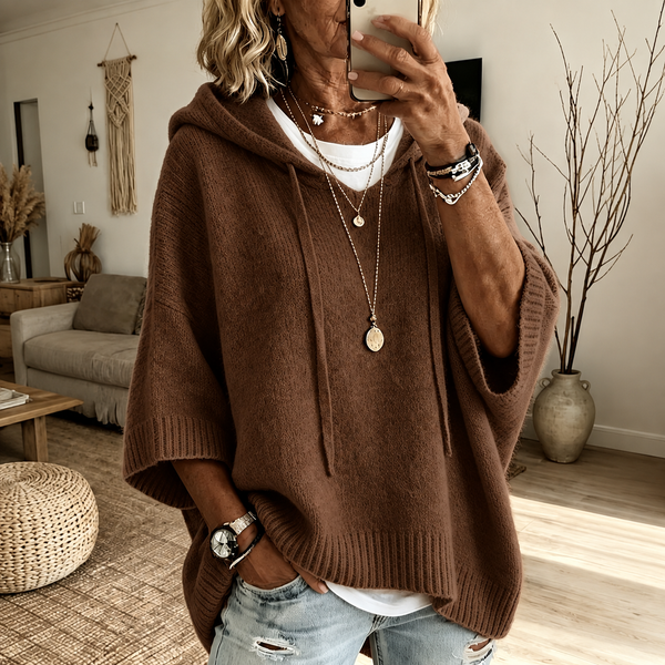 Louise | Brown Hooded Poncho Sweater