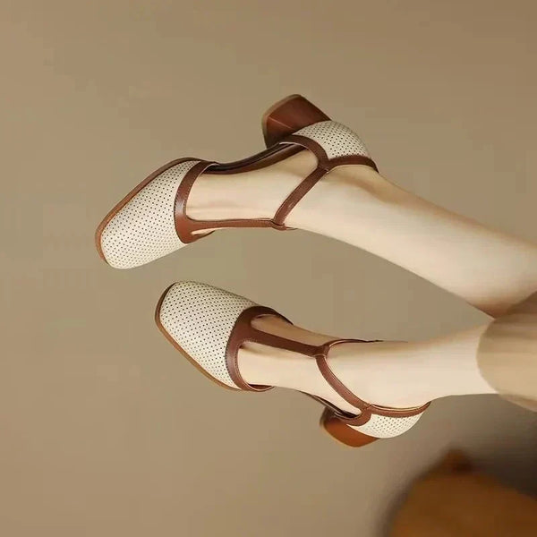 Patty | Two-Tone Mid Heel T-Strap Shoes