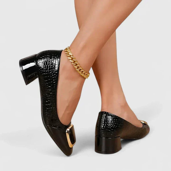 Dinah | Square-Toe Buckle Block Heel Loafers